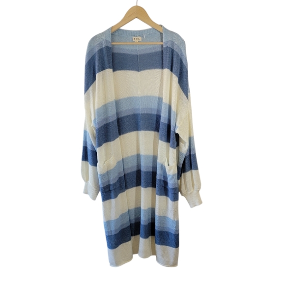 POL Blue White Striped Long Duster Cardigan Sz L Pocket Cottagecore Relaxed Fit - Picture 12 of 12